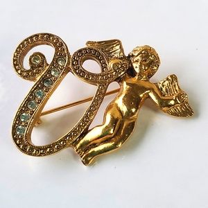 1928 Angel Cherub Letter V Intial Goldtone Brooch Pin Romantic Victorian Revival
